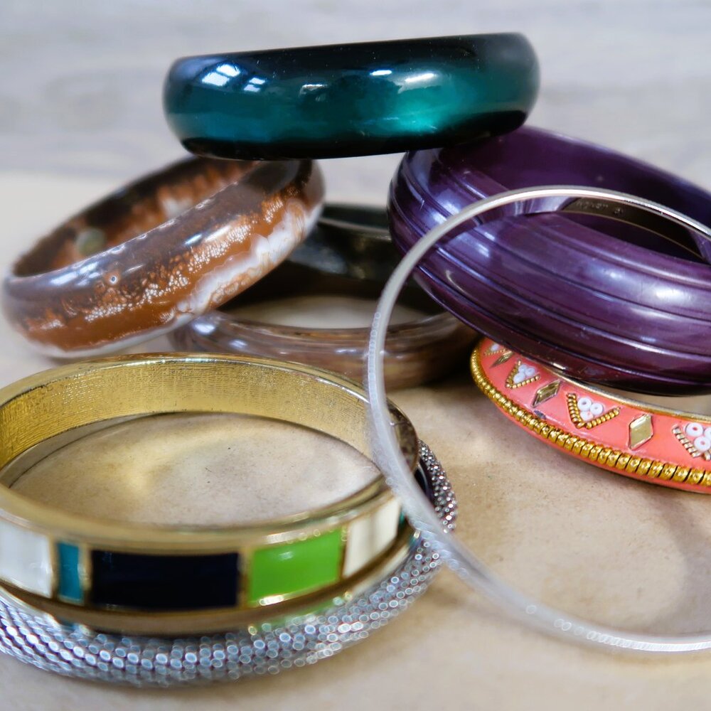 Stack Attack! Nine Piece Enamel Multi Color Bangles with One Monet Signed Bundle